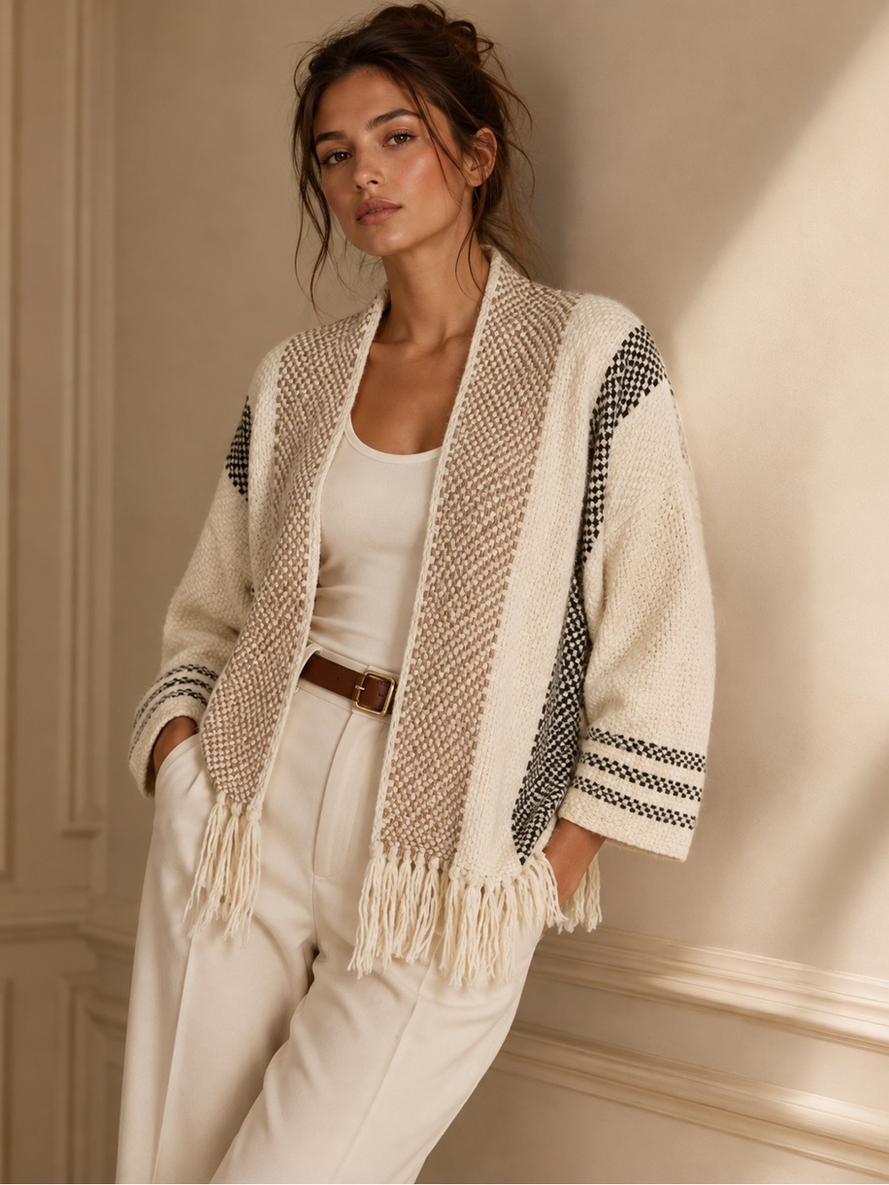 Ulla Johnson Cream Tan Black Striped Fringe Cardigan PS